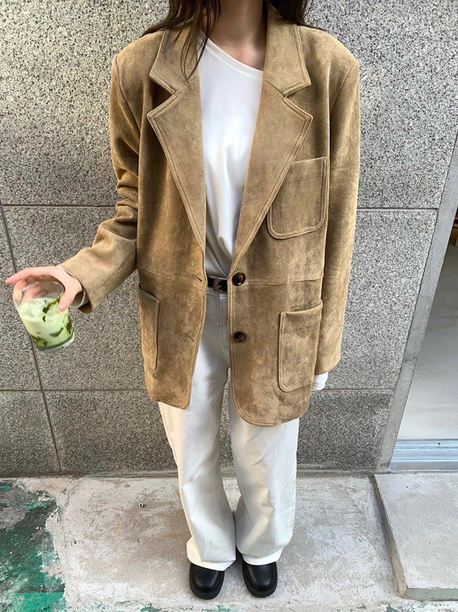 多口袋雙扣麂皮西裝外套